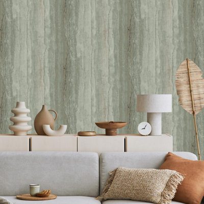 Debona Vertical Marble Green Wallpaper Metallic Silver Effect Textured Modern