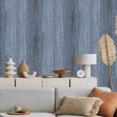 Debona Vertical Marble Navy Blue Wallpaper Metallic Gold Effect Textured Modern