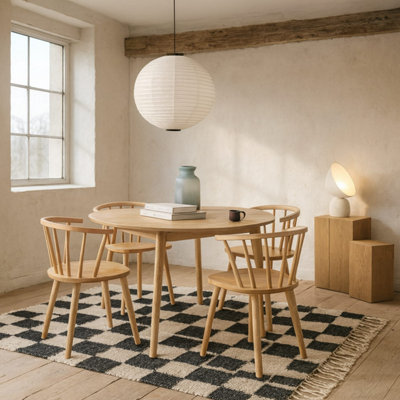 Debrecen Solid Oak Round Dining Table with Four Fabric Chairs