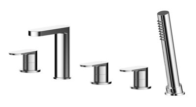 Deck Mount Round 5 Tap Hole Bath Shower Mixer Tap with Shower Kit - Chrome