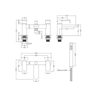 Deck Mount Round Bath Shower Mixer Tap with Shower Kit - Chrome