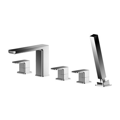 Deck Mount Square 5 Tap Hole Bath Shower Mixer Tap with Shower Kit - Chrome