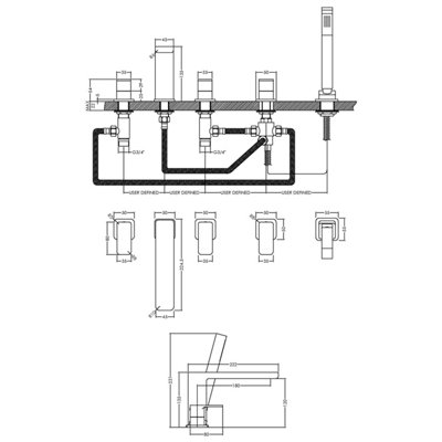 Deck Mount Square 5 Tap Hole Bath Shower Mixer Tap with Shower Kit - Chrome