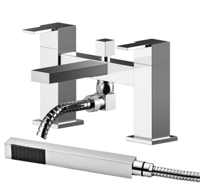 Deck Mount Square Bath Shower Mixer Tap with Shower Kit - Chrome