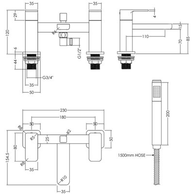 Deck Mount Square Bath Shower Mixer Tap with Shower Kit Chrome