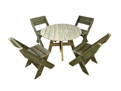 DeckFusion wooden rounded picnic table and four chairs set (Natural, light green)