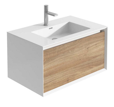 Declan White & Oak Wall Mounted Vanity Unit with Integrated Basin (W)750mm (H)400mm