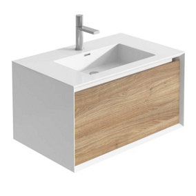 Declan White & Oak Wall Mounted Vanity Unit with Integrated Basin (W)750mm (H)400mm