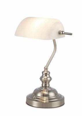 Deco Morgan Bankers Lamp Table Desk Lamp Satin Nickel White Glass Shade