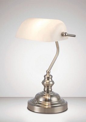 Deco Morgan Bankers Lamp Table Desk Lamp Satin Nickel White Glass Shade