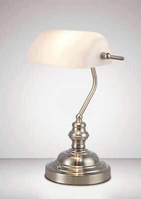 Deco Morgan Bankers Lamp Table Desk Lamp Satin Nickel White Glass Shade