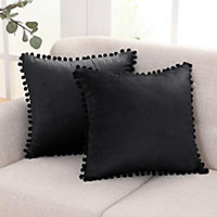 Deconovo 2 Pack Pom Pom Crushed Velvet Cushion Covers with Invisible Zipper 45 x 45 cm Dark Black
