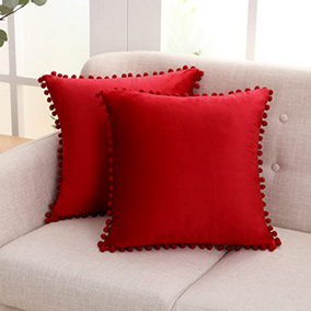 Deconovo 2 Pack Pom Pom Large Crushed Velvet Cushion Covers with Invisible Zipper 65cm x 65cm Red