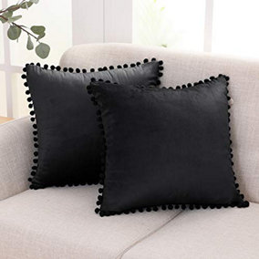Deconovo 2 Pack Poms Large Crushed Velvet Cushion Covers with Invisible Zipper 55cm x 55cm Dark Black