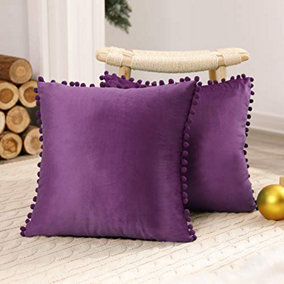 Deconovo 2 Pack Poms Large Crushed Velvet Cushion Covers with Invisible Zipper 55cm x 55cm Grape Purple