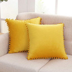 Deconovo 2 Pack Poms Large Crushed Velvet Cushion Covers with Invisible Zipper 55cm x 55cm Mellow Yellow