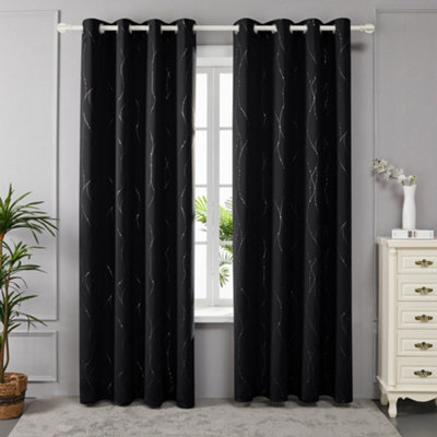 Deconovo Black Curtains Dotted Line Foil Printed Thermal Eyelet Blackout Curtains for Bedroom 46 x 90 Inch Black Two Panels