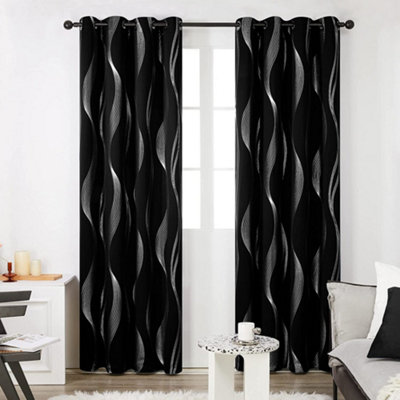 Deconovo Blackout 46 x 54 Inches Silver Wave Line Foil Printed Thermal Curtains Eyelet Curtains for Bedroom Black Two Panels