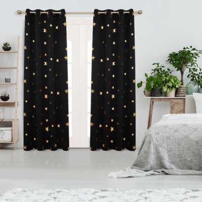 Deconovo Blackout Curtains, Bedroom Curtains, Gold Star Foil Printed Eyelet Curtains, W46 x L90 Inch, Black, 1 Pair