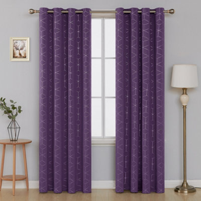 Deconovo Blackout Curtains, Eyelet Curtains, Diamond Foil Printed Thermal Curtains for Kitchen, 52 x 45 Inch, Purple Grape, 1 Pair