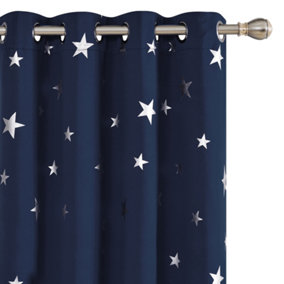 Deconovo Blackout Curtains, Eyelet Silver Star Foil Printed Room Darkening Curtains for Nursery, W46 x L84 Inch, Navy Blue, 1 Pair