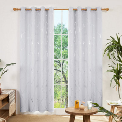 Deconovo Blackout Curtains Eyelet, Thermal Wave Line Foil Printed Curtains for Bedroom, 66 x 90 Inch, Silver Grey, One Pair