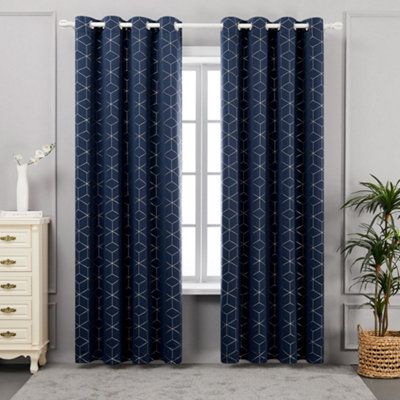 Deconovo Blackout Curtains Geometric Pattern Silver Cubes Thermal Eyelet Curtains for Living Room 52 x 45 cm Navy Blue, 2 panels