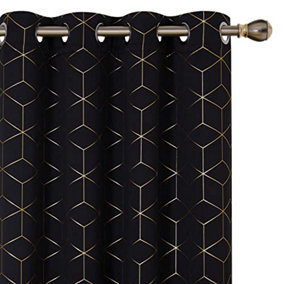Deconovo Blackout Curtains, Gold Diamond Printed Curtains, Eyelet Curtains for Living Room, 55 x 90 Inch(W x L), Black, One Pair
