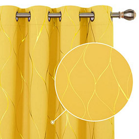 Deconovo Blackout Curtains, Gold Wave Foil Printed Eyelet Curtains for Kids Bedroom, 46 x 72 Inch (W x L), Mellow Yellow, One Pair
