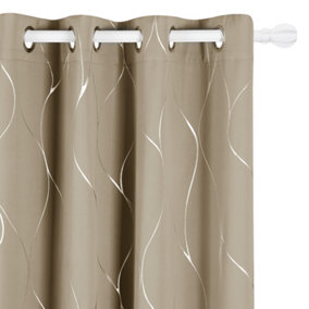 Deconovo Blackout Curtains Silver Wave Foil Printed Curtains Thermal Insulated Eyelet Curtains Taupe W66 x L54 Inch One Pair