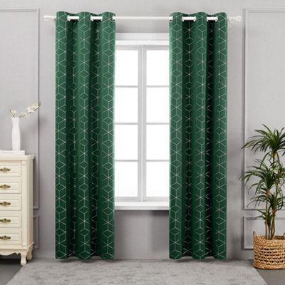 Deconovo Blackout Curtains Thermal Diamond Printed Silver Curtains for Living Room, 117 x 183 cm, Bedroom, Christmas Tree Green