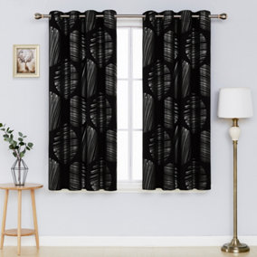 Deconovo Blackout Curtains Thermal Insulated Curtains Eyelet Silver Foil Printed Line Circle W46xL54 Inch Black 1 pair