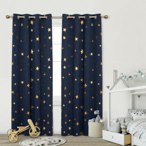 Deconovo Blackout Curtains W46 x L54 Inch, Navy Blue Star Curtains Eyelet, Gold Star Foil Printed Eyelet Curtains, 2 Panels