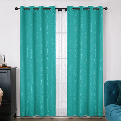 Deconovo Blackout Eyelet Curtains Foil Printed Dot Linen Thermal Insulated Curtains for Bedroom 55 x96 Inch, Turquoise, 2 Panels