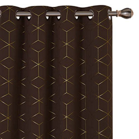 Deconovo Blackout Eyelet Curtains Gold Diamond Printed Thermal Insulated Curtains for Living Room, 52 x 72 Inch, Chocolate, 1 Pair