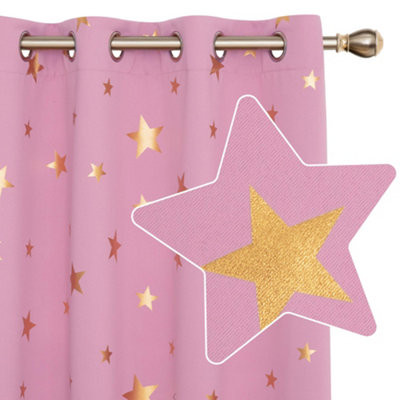 Deconovo Blackout Eyelet Curtains, Gold Star Foil Printed Curtains, 140x175cm (Width x Length), Pink, 2 Panels