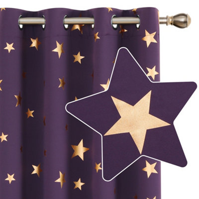 Deconovo Blackout Eyelet Curtains, Gold Star Foil Printed Curtains, 140x245cm (Width x Length), Purple Grape, 2 Panels