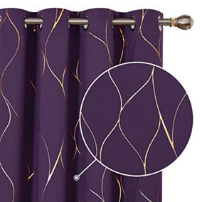Deconovo Blackout Eyelet Curtains Gold Wave Foil Printed Curtains for Bedroom, 46 x 72 Inch (Width x Length), Purple Crape, 1 Pair