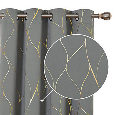 Deconovo Blackout Eyelet Curtains, Gold Wave Foil Printed Curtains for Living Room, 52 x 90 Inch (Width x Length), Grey, One Pair