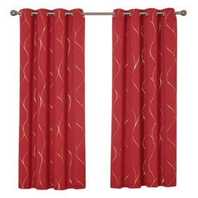 Deconovo Blackout Eyelet Curtains, Gold Wave Foil Printed Curtains, Thermal Insulated Curtains, W52 x L90 Inch, Red, One Pair