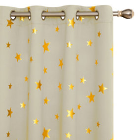 Deconovo Blackout Eyelet Curtains, Noise Reducing Curtains, Gold Star foil Printed Curtains, W52 x L63 Inch, Beige, 2 Panels