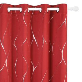 Deconovo Blackout Eyelet Curtains, Silver Wave Line Foil Printed Thermal Insulated Curtains, W66 x L54 Inch, Red, 2 Panels