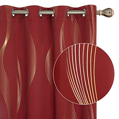 Deconovo Blackout Eyelet Curtains, Thermal Curtains Gold Wave Line Foil Printed Curtains for Bedroom 46 x 54 Inch, Red, 2 Panels