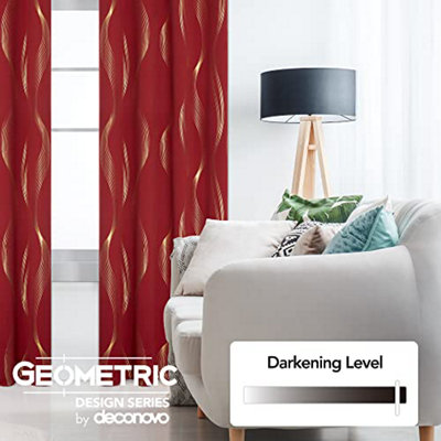 Deconovo Blackout Eyelet Curtains, Thermal Curtains Gold Wave Line Foil Printed Curtains for Bedroom 46 x 54 Inch, Red, 2 Panels