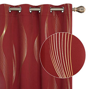 Deconovo Blackout Eyelet Curtains, Thermal Curtains Gold Wave Line Foil Printed Curtains for Bedroom 46 x 90 Inch, Red, 2 Panels