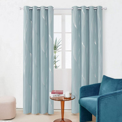 Deconovo Blackout Eyelet Curtains Thermal Curtains Silver Wave Line Foil Printed Curtains for Girls 66x72 Inch Light Blue 2 Panels