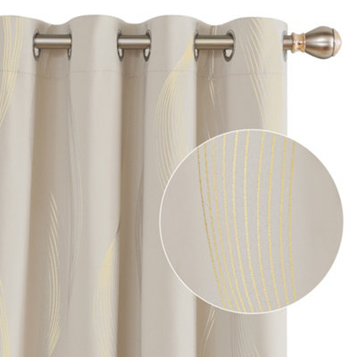 Deconovo Blackout Eyelet Curtains Thermal Insulated Gold Wave Line Foil Printed Curtains for Bedroom 46x90 Inch Beige 2 Panels