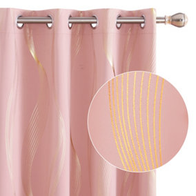 Deconovo Blackout Eyelet Curtains Thermal Insulated Gold Wave Line Foil Printed Curtains for Bedroom 46x90 Inch Coral Pink