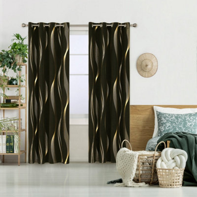 Deconovo Blackout Eyelet Curtains Thermal Insulated Gold Wave Line Foil Printed Curtains for Bedroom 52x90 Inch Black 2 Panels