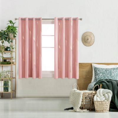 Deconovo Blackout Eyelet Curtains Thermal Insulated Gold Wave Line Foil Printed Curtains for Bedroom 66x54 Inch Coral Pink